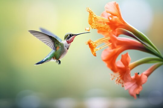 a hummingbird in mid-flight, sipping nectar from a flower