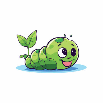 Cute cartoon caterpillar character with green leaves. Vector illustration.