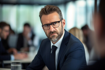 Fototapeta premium Generative AI picture of handsome successful man working in office on business meeting conference