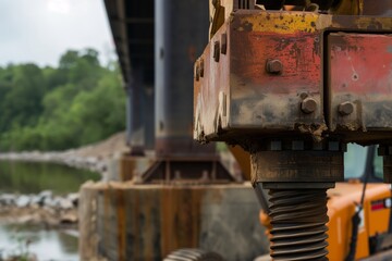 Fototapeta na wymiar closeup of pile driver at work on new bridge abutments