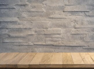 Grey stone wall and wooden shelf with space for product display background