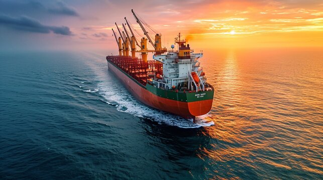 An all-purpose cargo merchant vessel equipped with powerful cranes is sailing on calm waters.