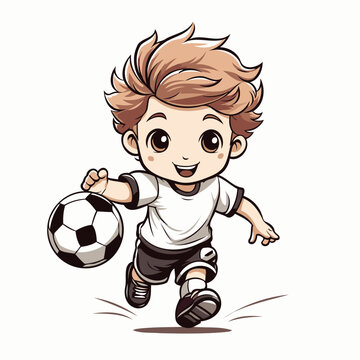 Cute boy playing soccer isolated on white background. Vector illustration.
