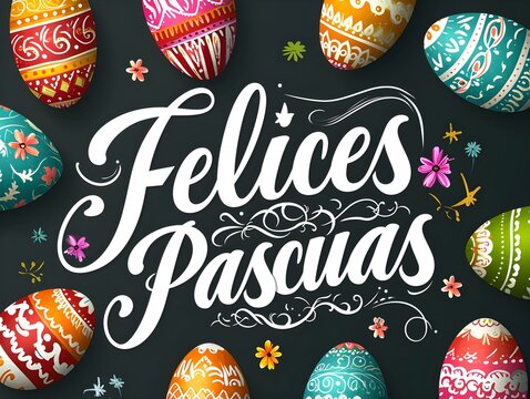 'Felices Pascuas' Text Calligraphy on a Black Background with Colorful Easter Eggs. Illustrated Easter Card Template