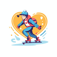 Vector illustration of a man skating on a skateboard in the shape of a heart.