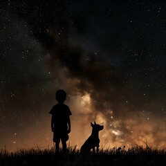 Stargazing adventure with faithful dog companion. a young child and pet against a starry night sky. exploring the universe together. serene and inspiring scene. AI