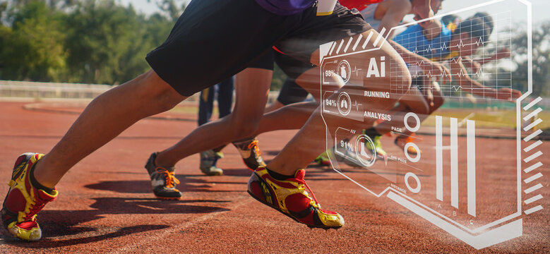 Sprint athletes use AI tools to analyze their running.Side view of a Sport Man on Start line, Get Ready for New Challenge