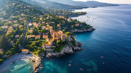Bird's-eye view of the Mediterranean shoreline in Southern France, featuring a historic village.