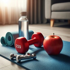 An apple, two red dumbbells and a bottle of water on a blue mat. Home workout concept