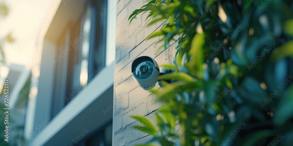 Poster A security camera mounted on the side of a building. Suitable for surveillance and security concepts