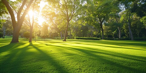 Lush green lawn and trees in morning light at Horsham Botanic Gardens, VIC, Australia. Ample room for text.