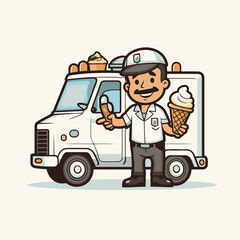 delivery man with ice cream truck cartoon vector illustration eps 10