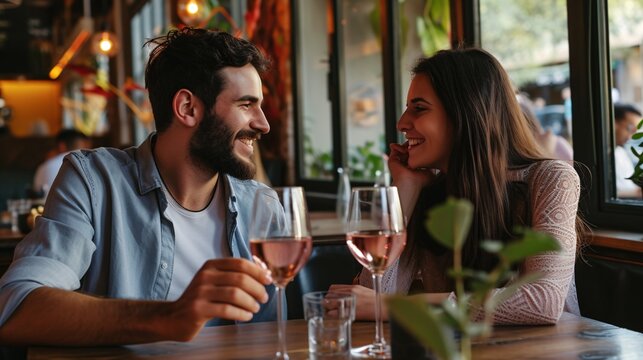 Lovely pair enjoying a romantic outing at a cafe, sipping on ros√©. - Powered by Adobe