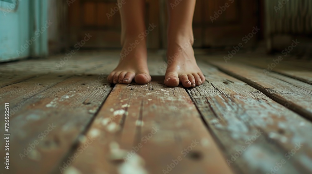 Poster close-up view of a person's feet on a wooden floor. versatile image suitable for various concepts an