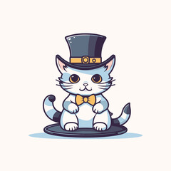 Cute cartoon cat in top hat and bow tie. Vector illustration.