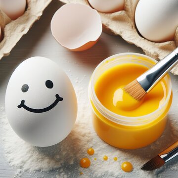Close-up view of white egg with smiley face and open yellow paint container with brush