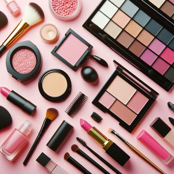 Make up products at pink background. Eye shadow, powder, cream, lipstick and more for professional make up. Flat lay image