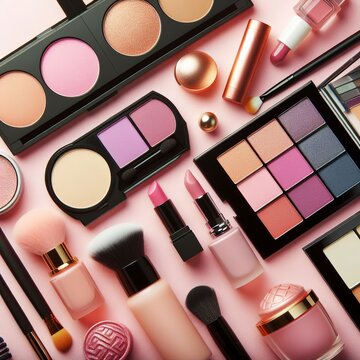 Make up products at pink background. Eye shadow, powder, cream, lipstick and more for professional make up. Flat lay image