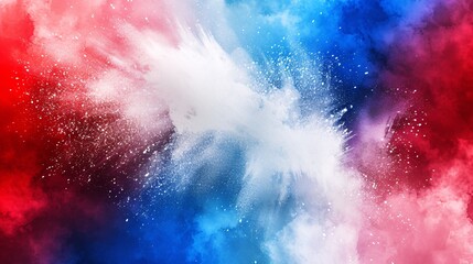Vibrant explosion of blue, white, and red holi powder on a white background, representing France and its culture. - obrazy, fototapety, plakaty