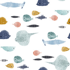 Watercolor marine pattern with hand drawn fish. Undersea seamless texture.