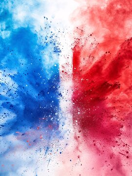 Vibrant French tricolor bursting with blue, white, and red holi paint on a white background, symbolizing celebration and travel in Europe.