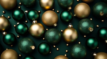 Fototapeta na wymiar New Year's green and gold Christmas balls. Neural network AI generated art