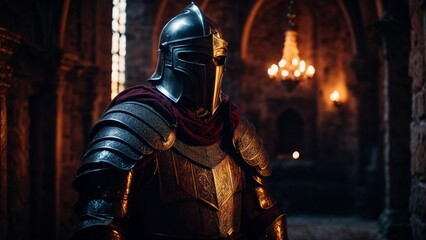 Close-up high-resolution image of a brave medieval paladin warrior in a dark castle.