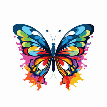 Colorful butterfly with paint splashes isolated on white background. Vector illustration.