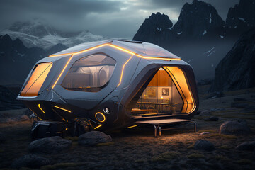 AI generation picture image of modern futuristec caravan house tent of future - obrazy, fototapety, plakaty