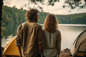 Fototapeta premium People on camping conceptual AI generation picture image