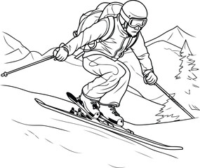 Skiing. Skier skiing downhill. Black and white vector illustration.
