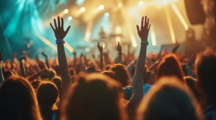 A lively music festival captivates a diverse crowd from behind. The collective energy pulses...