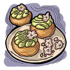 Sweet dessert cake with fruits for celebration birthday party or wedding, tasty breakfast. For cafe, restaurant menu print, postcard or poster. Hand drawn illustration. Cartoon style line art drawing.