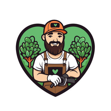 Cartoon illustration of a gardener or horticulturist with beard wearing protective gloves viewed from front set inside heart shape on isolated background.