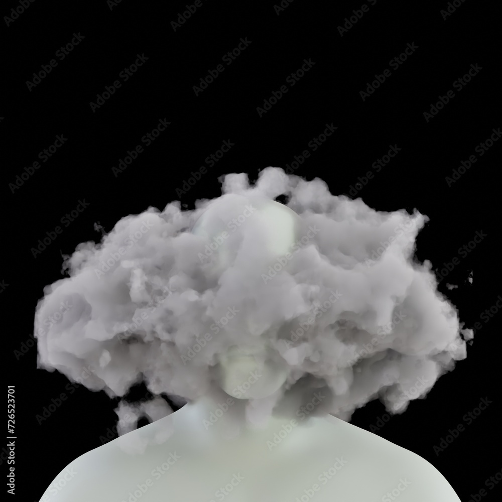 Poster Abstract head with a hole, featuring clouds, symbolizing a blend of the human mind and ethereal elements...