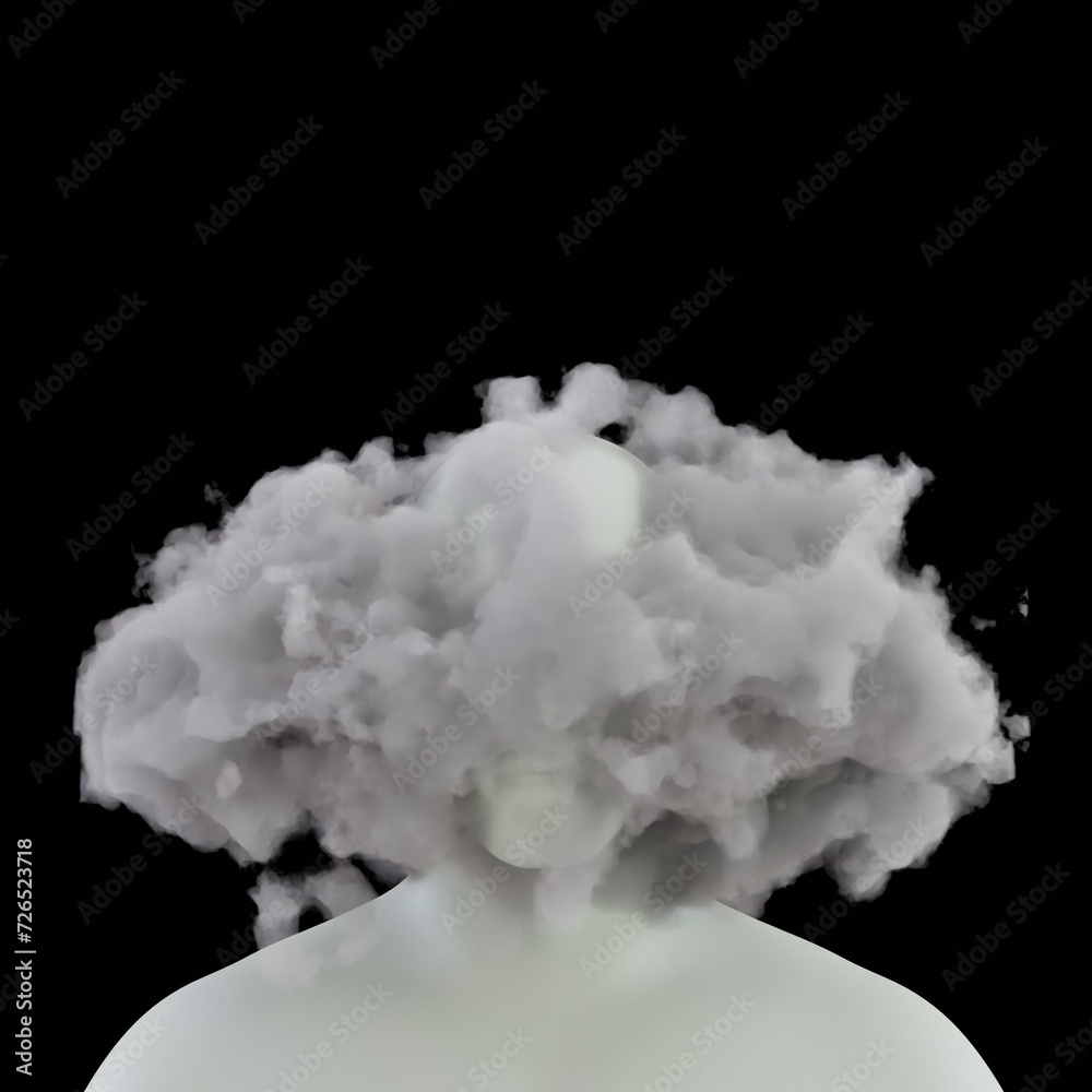 Poster Abstract head with a hole, featuring clouds, symbolizing a blend of the human mind and ethereal elements...