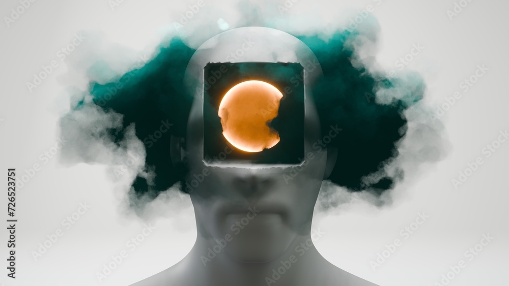 Aufkleber abstract head with a hole, featuring clouds, symbolizing a blend of the human mind and ethereal elem