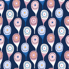 Seamless pattern with colorful peacock feather. Vector dark navy texture
