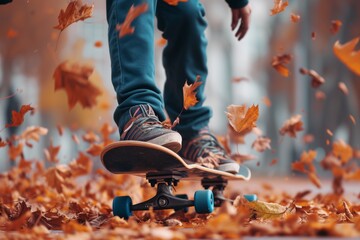 skater navigates through fallen autumn leaves