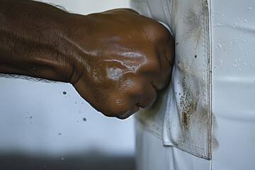 closeup of a fist impacting a white heavy bag