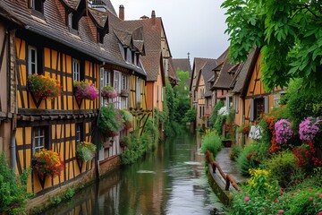 France. Small waterway and classic timber-framed homes.
