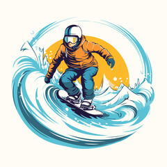 Snowboarder rides on a wave. Vector illustration in retro style.
