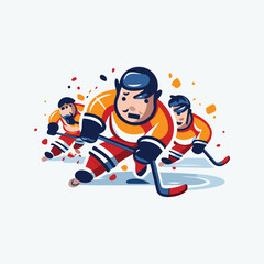 Hockey player with the stick and puck on ice. Vector illustration.