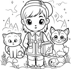Coloring Page Outline Of a Little Boy Scout With Cute Cats - obrazy, fototapety, plakaty