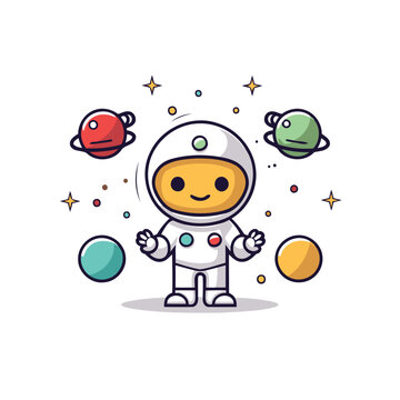 Cute astronaut character with planets and stars. Vector hand drawn cartoon illustration.