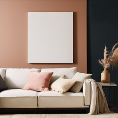 Mockup with  empty poster on the wall above a cozy sofa in the living room for a comfortable and relaxing interior