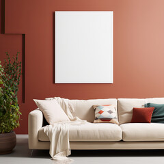 Mockup with  empty poster on the wall above a cozy sofa in the living room for a cozy, comfortable and relaxing interior