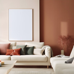 Mockup with  empty poster on the wall above a cozy sofa in the living room for a comfortable and relaxing interior