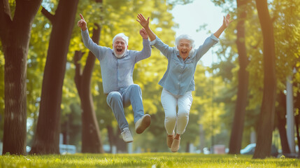 A happy senior couple, full of vitality, joyfully leaps in a park on a sunlit summer day. Their laughter echoes the warmth of enduring love and shared moments
