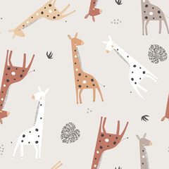 Seamless jungle pattern with giraffes, and tropical leaves. Creative pastel childish texture for fabric, wrapping, textile, wallpaper, apparel. Vector illustration